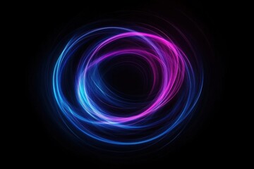 Abstract glowing circle with blue and pink light trails on a dark black background creating a portal effect