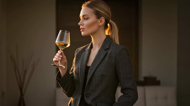 Caucasian businesswoman enjoying wine after work. Professional female relaxing on office balcony. Corporate success and work-life balance concept