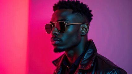 Obraz premium stylish african american man wearing sunglasses and leather jacket against vibrant neon backdrop. modern urban fashion concept. youth lifestyle, editorial content, social media.