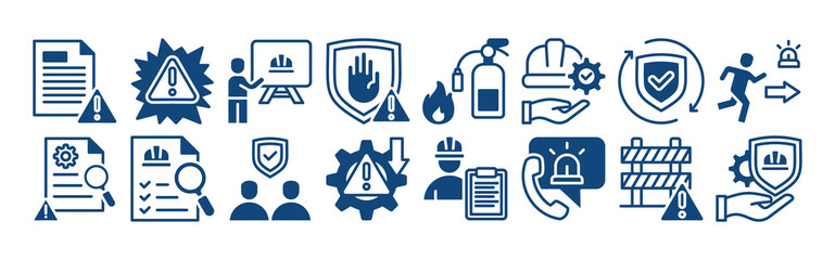 Industrial safety icon set with hazard, risk, management, accident, prevention, protection, equipment, workplace, incident report, training and emergency.