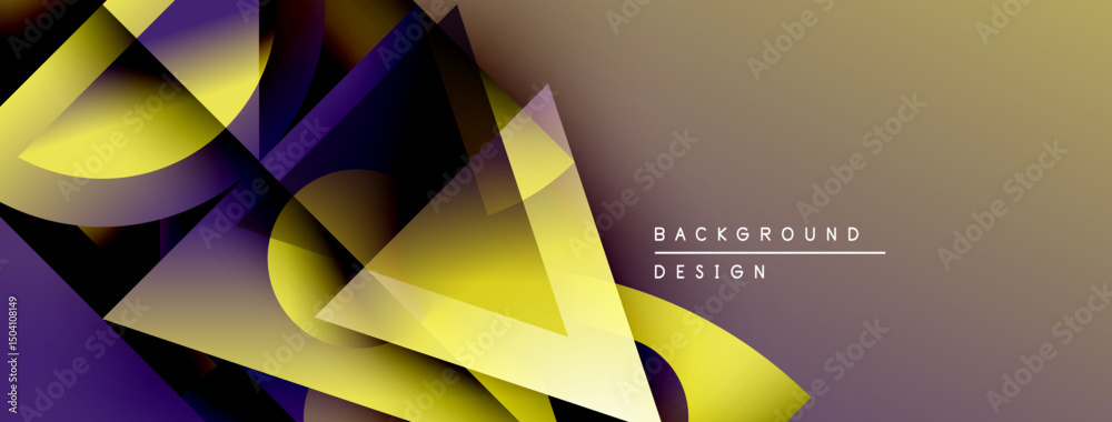 Poster abstract geometric shapes overlap, creating dynamic composition. yellow, purple hues dominate neutra