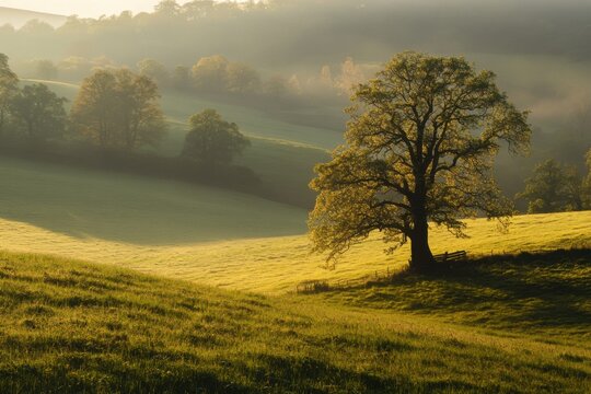 A serene landscape featuring a solitary tree on a grassy hill bathed in soft morning light and mist