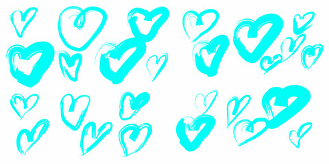 Collection of hand drawn blue heart illustrations on white background. Expressive, sketchy and romantic doodles suitable for Valentine's Day, love themes, greeting cards.