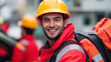 Obraz premium Smiling Worker in Safety Gear with Hard Hat at Construction Site