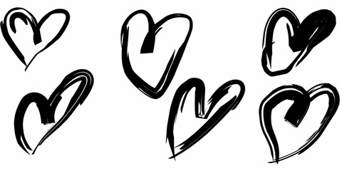 Expressive black hand-drawn heart illustrations on a clean white background. Artistic brushstroke designs ideal for romantic themes, emotional art, greeting cards, Valentine's Day, and modern creative