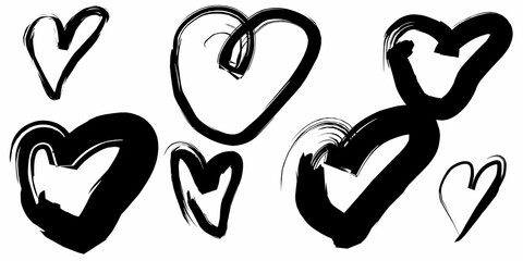 Expressive black hand-drawn heart illustrations on a clean white background. Artistic brushstroke designs ideal for romantic themes, emotional art, greeting cards, Valentine's Day, and modern creative