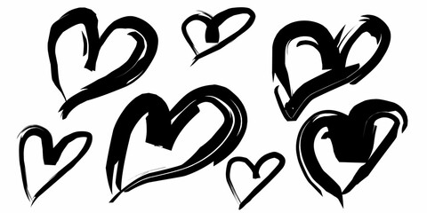 Expressive black hand-drawn heart illustrations on a clean white background. Artistic brushstroke designs ideal for romantic themes, emotional art, greeting cards, Valentine's Day, and modern creative