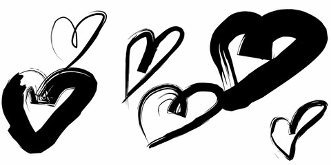 Obraz premium Expressive black hand-drawn heart illustrations on a clean white background. Artistic brushstroke designs ideal for romantic themes, emotional art, greeting cards, Valentine's Day, and modern creative