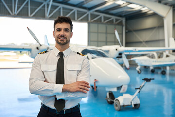 Smiling pilot posing with arms crossed in aircraft hangar