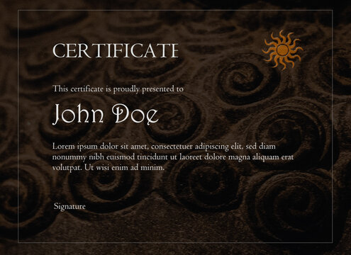 Rustic Spiral Patterned Award Certificate Template with Sun Emblem for Cultural Recognition