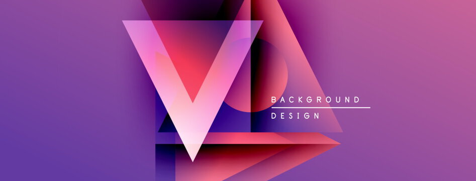 Abstract geometric design. Vibrant purple, pink gradients create layered triangular shapes. Text reads background design. Modern, stylish visual.