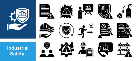 Industrial safety icon set with hazard, risk, management, accident, prevention, protection, equipment, workplace, incident report, training and emergency.