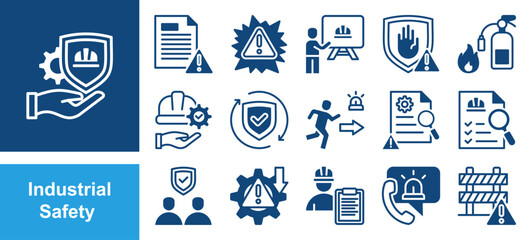 Industrial safety icon set with hazard, risk, management, accident, prevention, protection, equipment, workplace, incident report, training and emergency.