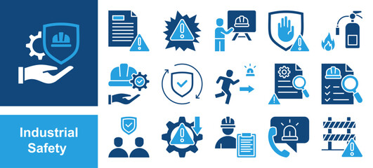 Industrial safety icon set with hazard, risk, management, accident, prevention, protection, equipment, workplace, incident report, training and emergency.