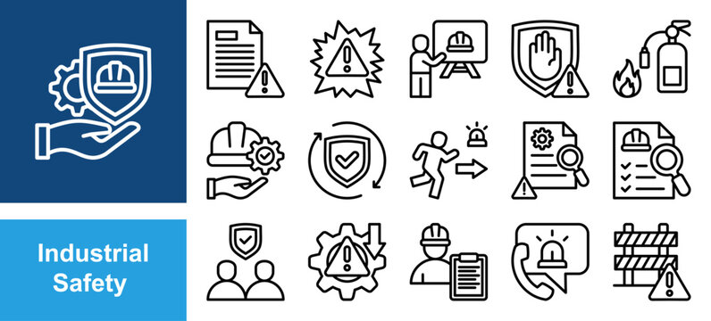 Industrial safety icon set with hazard, risk, management, accident, prevention, protection, equipment, workplace, incident report, training and emergency.