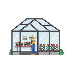 Obraz premium Gardener tending to flowers in a greenhouse with sunlight overhead 