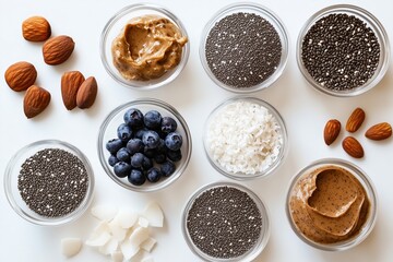 Creative flat lay of healthy ingredients including nuts seeds and berries for meal prep inspiration