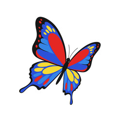 Colorful butterfly illustration with blue, red, and yellow wings  