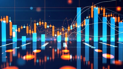 Colorful digital financial chart with candlestick patterns, blue bar graphs, and glowing data points on dark background with grid overlay

 - Powered by Adobe