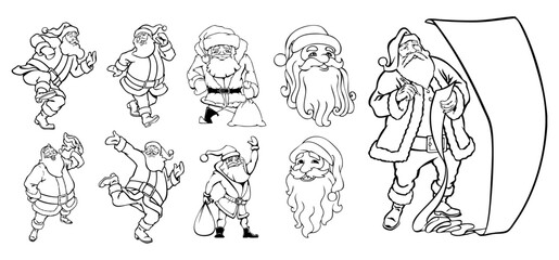 Santa Claus Collection: A whimsical illustration showcases a playful assortment of Santa Claus figures in various joyful poses, exuding the spirit of Christmas cheer.