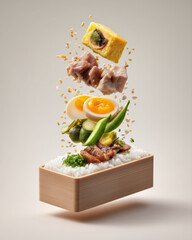 Soft boiled egg, grilled meat, green chili, rice, and various vegetables floating above wooden container, showcasing fresh and vibrant ingredients in creative food presentation