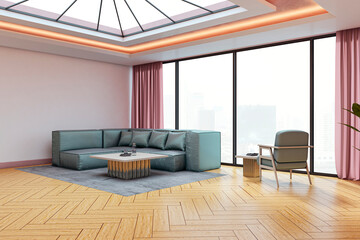 Modern interior room with large skylight, city view windows, teal furniture, and wooden floor in contemporary geometric design. 3D Rendering