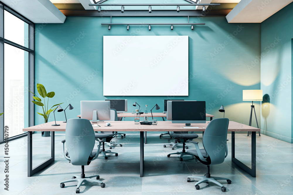Poster contemporary office workspace with clean blank poster frame on teal wall in modern open-plan interio