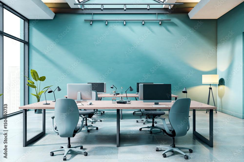 Poster modern empty office interior with desks, computers and chairs under skylight in contemporary busines