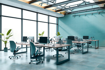 Modern open office space with minimalist desks, ergonomic chairs, and large windows in a light-filled contemporary corporate interior room. 3D Rendering