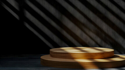 Minimalist wooden podium table with natural sunlight and shadows for product display background