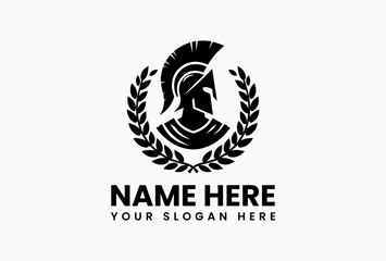 Timeless Spartan helmet within circular laurel wreath monochrome vector logo. Greek warrior legacy symbol  