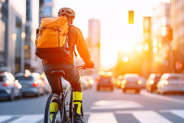 City Cyclist: A cyclist wearing a helmet delivers a package, navigating a busy city street at sunset. The cyclist is a symbol of convenience and efficiency. 