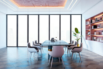 Modern corporate meeting room interior with large window city view, wooden floor, elegant furniture, and minimalist design elements. 3D Rendering