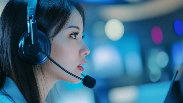 A young woman wearing a headset with a microphone looks intently at a screen, possibly working in customer service or as a telemarketer in a call center environment