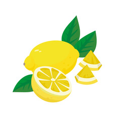 フレッシュな黄色いレモンのシンプルなベクターイラスト。カットしたレモンと丸ごとのレモンのセット。