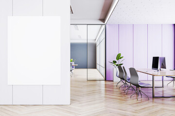 Vertical blank poster mockup in luxury modern office interior with purple wall panels, wood flooring, and contemporary workspace furniture. 3D Rendering