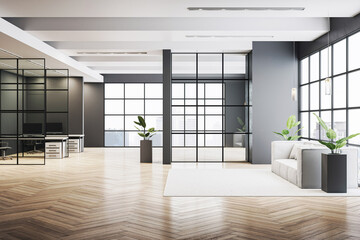 Modern corporate waiting area with glass walls, wooden floor, and minimalistic furniture in a bright office building interior space. 3D Rendering