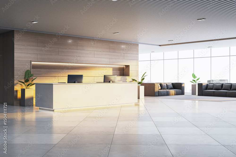 Poster modern luxury reception desk in bright office interior with city view through large windows, featuri