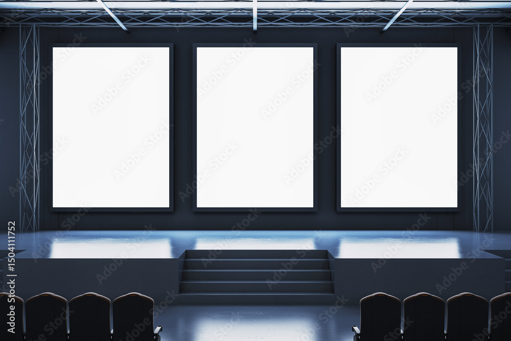 Poster modern conference hall interior with three large blank digital screens on stage, dark minimalist des