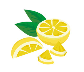 フレッシュな黄色いレモンのシンプルなベクターイラスト。カットしたレモンのセット。
