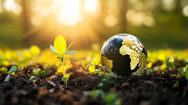 A miniature globe rests in fertile soil next to a sprouting seedling, bathed in the warm glow of sunlight, symbolizing environmental conservation and sustainable growth