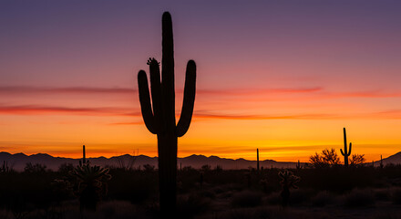 Silhouette of a majestic saguaro cactus against a vibrant, colorful desert sunset sky. Iconic southwestern landscape embodying tranquility and natural beauty.

