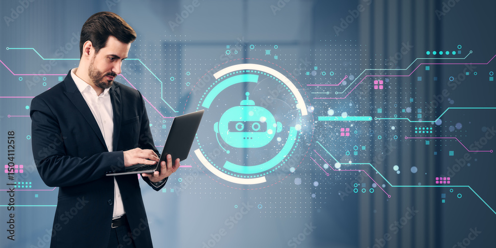 Aufkleber Businessman using laptop with chatbot interface and futuristic AI technology design on digital background in office environment.