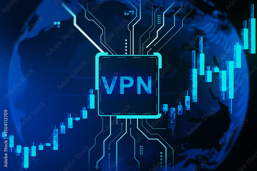 Poster VPN digital security interface with glowing circuit lines and candlestick chart on abstract globe background for data protection concept. 3D Rendering