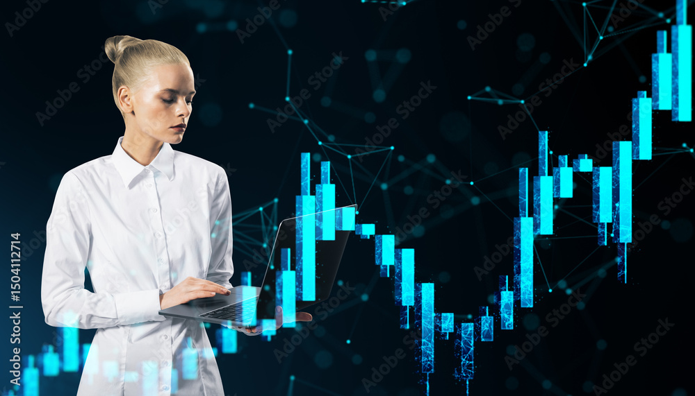 Poster businesswoman analyzing financial stock market data on laptop with digital candlestick chart on dark