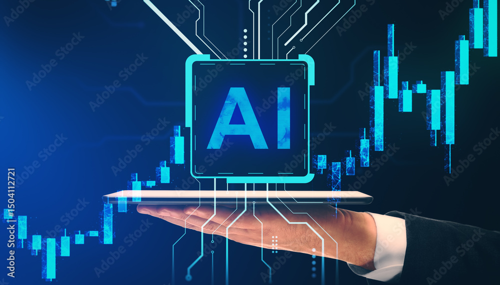 Poster businessman holding tablet with glowing ai chip icon and stock market graph on digital background, s