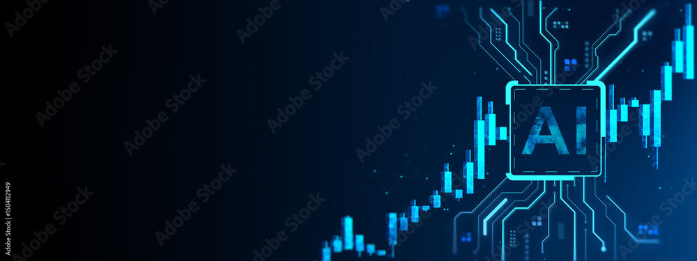 Aufkleber Artificial intelligence and financial market growth chart on digital blue background with neural circuits and data analysis concept design template. 3D Rendering