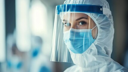 A female doctor or healthcare worker wearing a full protective suit, including a face shield and mask, looks directly at the camera, possibly during the coronavirus pandemic - Powered by Adobe