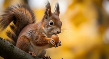 Obraz premium Autumn's Bounty: Squirrel's Delight, A Moment of Nutty Joy in Golden Light, Whispers of Nature's Abundance, Wildlife Portrait, Cozy and Serene Capture 