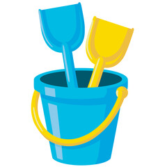 Baby bucket with spatulas kids plastic toy isometric vector illustration. Childish sand game equipment blue pail with handle and two scoops. Sandbox playing tools preschool outdoor leisure activity © Алла Машичева